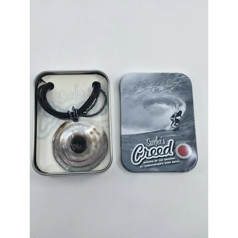 Surfer's Creed Abalone Mother of Pearl‎ Pendant Necklace Black Cord Tin Box